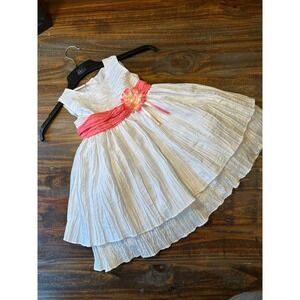 Blueberry Boulevard Girls White Crinkle Dress with Coral Flower Size 2T